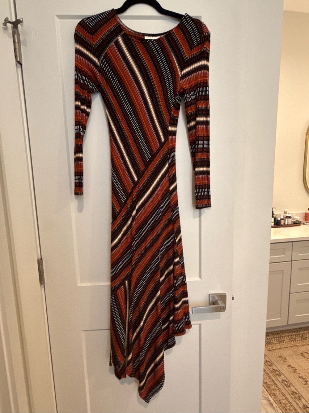 Maeve Diagonal Striped Asymmetrical Midi Dress in Rust, Black and Cream